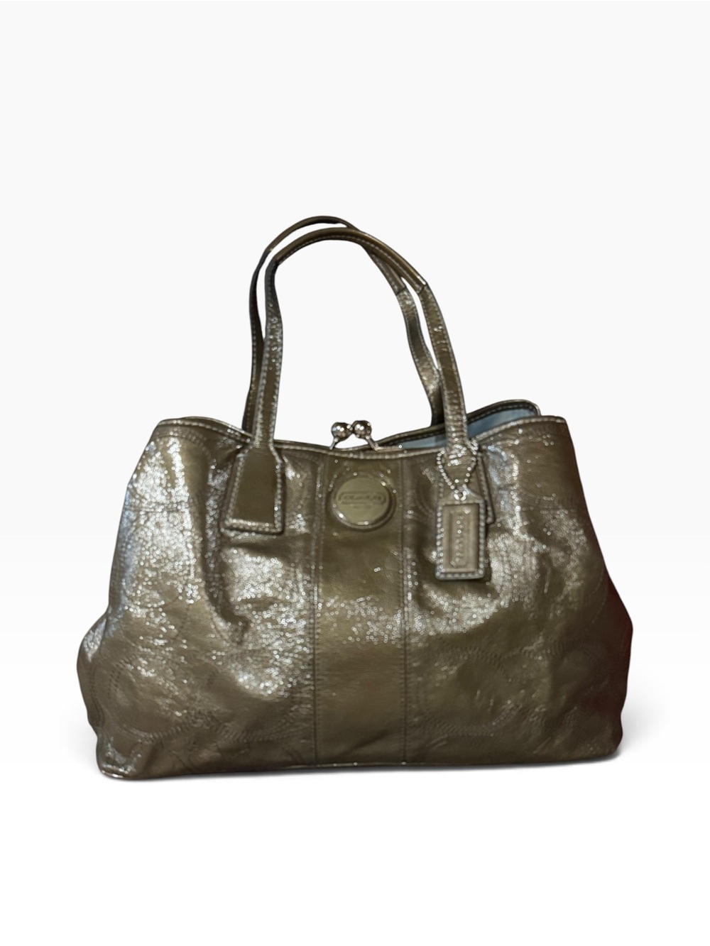 Coach Poppy Glam Tote F15658 Metallic Olive Patent Leather Kisslock Shoulder Bag